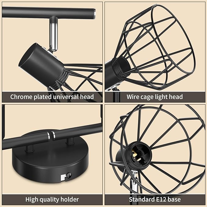 GORDNWE 4-Light Kitchen Track Lighting, Adjustable Metal Wire Cage Ceiling Light with E12 Base, Track Lighting Fixtures Black Farmhouse Ceiling Light Fixture Fits for Bedroom Living Room