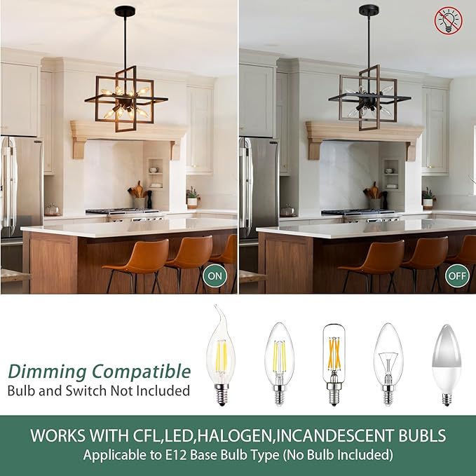 Black Farmhouse Chandelier Ceiling Light Fixtures, 8-Light Geometric Pendant Light Height Adjustable Faux-Walnut Grain Metal Lamp for Entryway, Foyer, Stairway, Hallway, Living Room