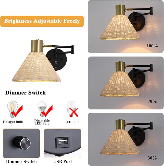 Plug in Rattan Wall Sconce Swing Arm Wall Lamp with USB Port and Dimmer Switch Hand-Woven Boho Rattan Wall Mounted Lamp Suitable for Hallway Bedroom Living Room.Balck