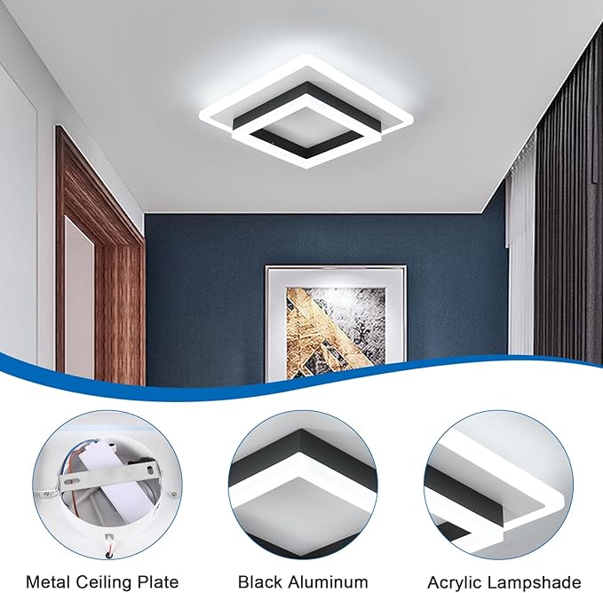DELIPOP Modern LED Ceiling Light, 24W Black Flush Mount Light Fixture, 6500K Cool White Hallway Ceiling Light for Living Room Bedroom Bathroom Kitchen