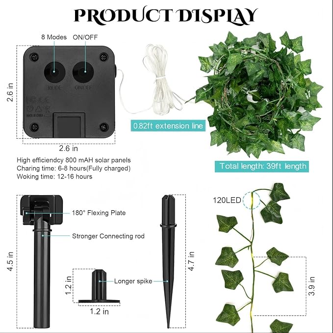 A.bigwhale Outdoor Solar Fairy Lights, 39.3ft Ivy Fairy Lights with 120 LED String Lights, Solar Vine Lights Outdoor Weatherproof, 8 Modes Leaf Light for Garden, Balcony, Patio, Room Decoration