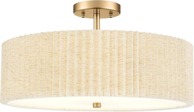 Semi Flush Mount Ceiling Lights, 4-Light 18" Gold Light Fixtures Ceiling Mount with Pleated Linen Fabric Shade, Drum Lighting Fixture for Nursery Hallway Bedroom Kitchen, AD-25036-4SF-GD-B