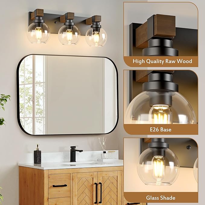 Farmhouse Bathroom Vanity Light Fixtures, 3-Light Wood Bathroom Light Fixtures Over Mirror, Rustic Vanity Lighting with Glass Shade for Living Room, Bedroom, Hallway