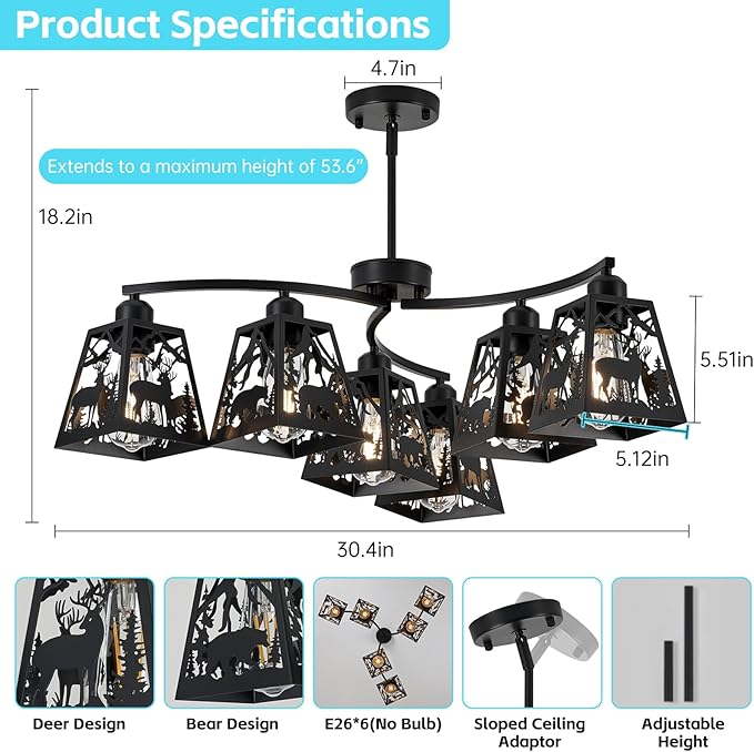 Rustic Semi-Flush Mount Ceiling Light Fixture,6-Light Adjustable Height with Rotation Arm Black Fixtures for Kitchen, Hallway, Living Room, Industrial Style with Deer, Bear, Tree Design