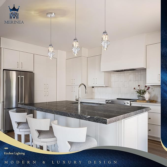Brushed Nickel Crystal Pendant Light with Prism K9 Crystals, Modern LED Kitchen Island Hanging Light Fixture Adjustable Single Pendant Chandelier for Dining Room, Bedroom, Bathroom, Bar