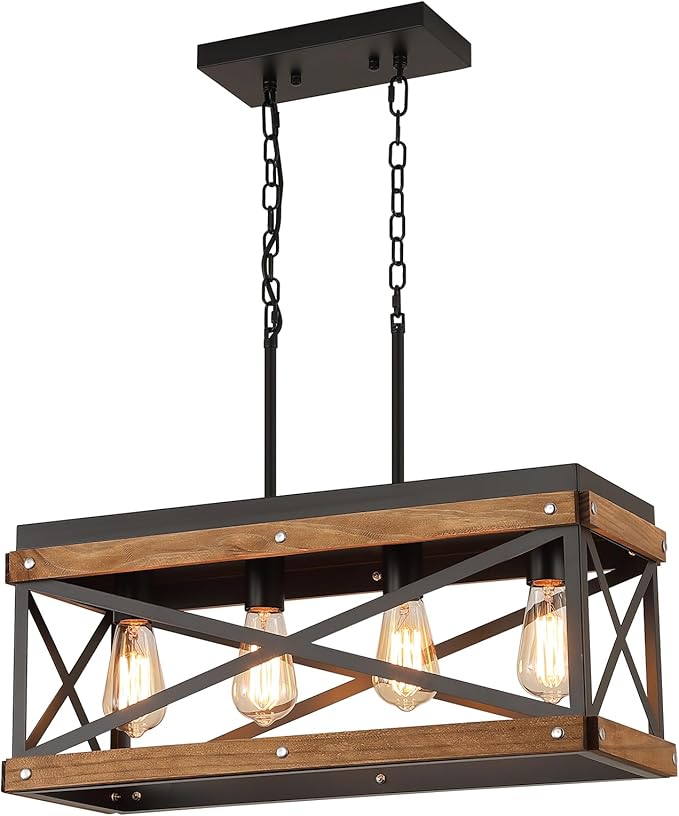 Rustic Farmhouse Wood Kitchen Island Lighting, 4 Lights Rectangular Pendant Light Fixture, Adjustable Chain Oak Wood and Metal Linear Chandelier for Dining Room Kitchen Island Farmhouse, Black