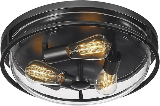 16 Inch Flush Mount Ceiling Light with Clear Glass Shade, 3-Light Indoor Outdoor Farmhouse Lighting Flush Mount Lights for Kitchen Bedroom Porch Living Dining Room(Large)