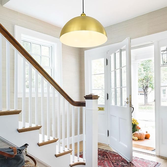 Gold Pendant Light, 16" Farmhouse Ceiling Light with Gold and White, Elegant Semi-Circular Shade Design, Adjustable Height Industrial Dome Pendant Lights for Kitchen Island, Dining Room