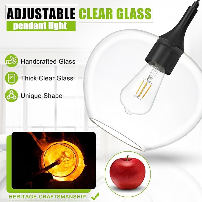 Glass Pendant Lights Kitchen Island, 9.45'' Matte Black Pendant Lighting Fixtures, Modern Hanging Ceiling Light with Clear Glass Shade for Farmhouse Dining Room Bedroom Hallway(1 Pack)