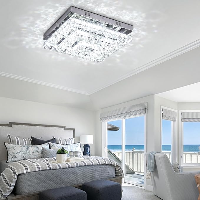 Crystal Chandeliers Crystal LED Ceiling Light 11.8" Square Flush Mount Modern Chandelier Ceiling Lights Fixtures for Bedroom Dining Room Hallway Dimmable by Remote Control