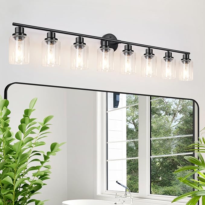8-Light Black Vanity Lights, Modern Bathroom Light Fixtures with Clear Glass Shade, Wall Lamps for Mirror Kitchen Hallway Cabinet Living Room Sconces Lights - E26