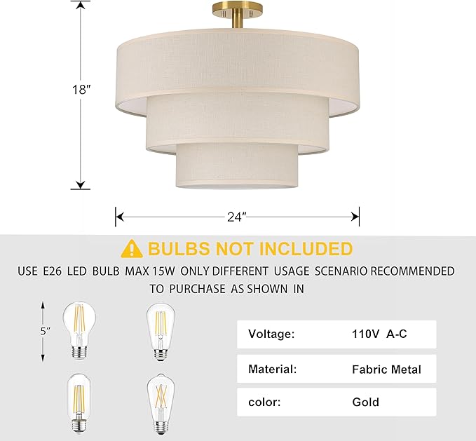 3 Tier 24" White Cream Drum Fabric Semi Flush Mount Light Modern Farmhouse Decor 7 Light Gold Finish for Kitchen Living Room Dining Room Corridor Hallway