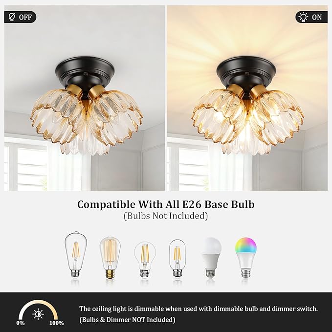 TALOYA Semi Flush Mount Ceiling Light,3-Light Close to Ceiling Light Fixtures with Amber Tulip Glass Shades Modern Farmhouse Lighting Fixtures for Hallway Corridor Kitchen Bathroom Bedroom Passway