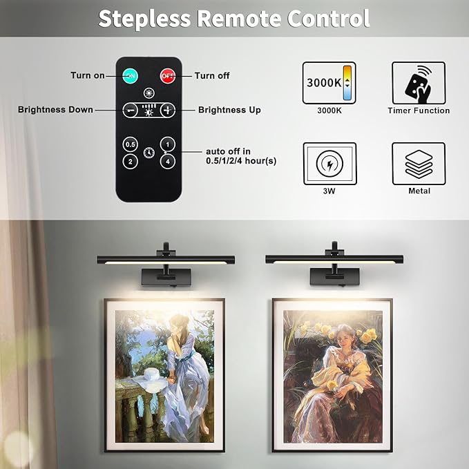 DESOOP Picture Lights Battery Operated with Remote and Dimmable Function, Rechargeable Gallery Light Black Art Light Wireless Painting Lights 16'' Inch for Display, Portrait, Artwork, Warm White
