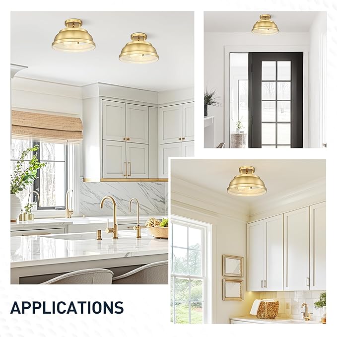 zeyu 2-Light Vintage Flush Mount Light Fixture, Semi Flush Ceiling Light Fixture for Bedroom Kitchen, Metal Dome Shade in Brushed Gold Finish, ZY29-F BG