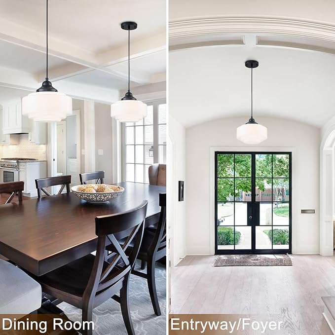 Schoolhouse Pendant Light 9.84" Vintage Milk Glass Chandelier Black Mid Century Modern Pendant Lighting Fixture for Kitchen Island Dining Room Living Room Hallway, Adjustable Height (E26)