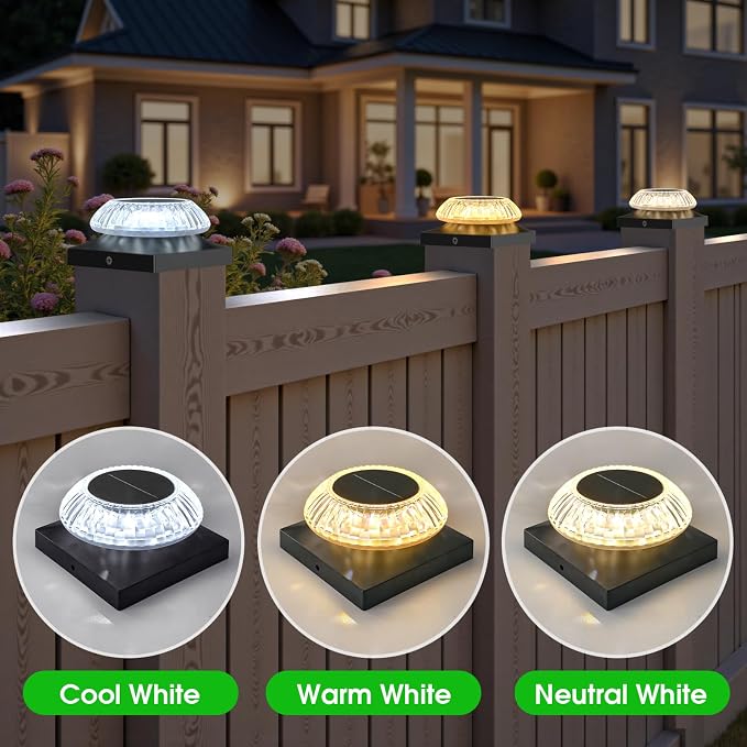 4x4 Solar Post Cap Lights 3 Color Modes, 2 Pack Fence Post Lights Outdoor for Wooden/Vinyl Post, Waterproof Fence Lights Solar Powered Post for Fence Garden, Patio