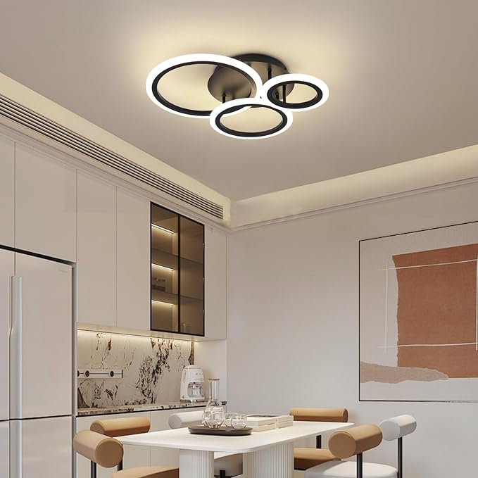 Acrylic Modern Led Ceiling Light 3 Rings Black Ceiling Light Fixture Dimmable Flush Mount Ceiling Light with Remote Control for Bedroom Dining Room Kitchen Office Lamp