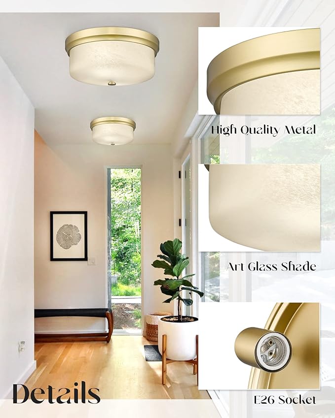 CALDION Close to Ceiling Light, 12inch Flush Mount Ceiling Light Fixture, Metal Gold Finish with Handmade White Marble Art Glass Shade for Bedroom Living Room Hallway Kitchen Laundry