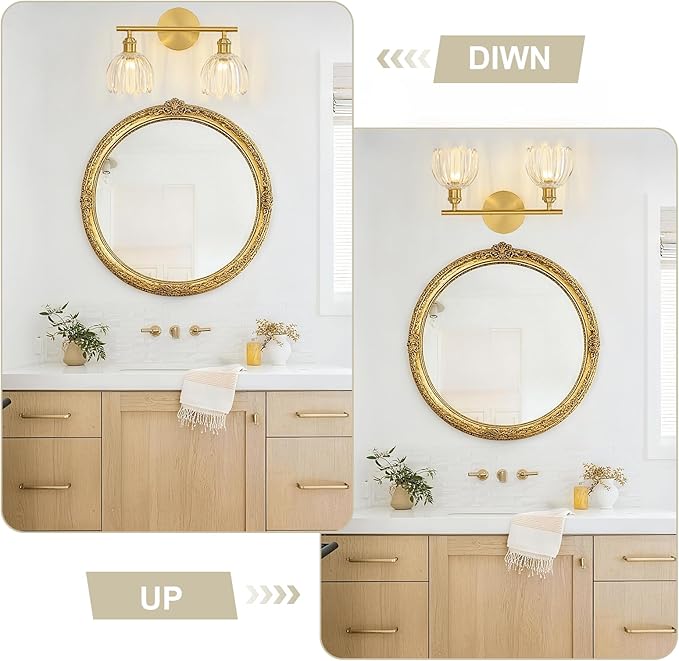 Gold Bathroom Light Fixtures Over Mirror, 2 Light Bathroom Vanity Light Fixture with Tulip Transparent Glass Lampshade, Vintage Vanity Lights for Bathroom, Bathroom Vanity Lights Over Mirror