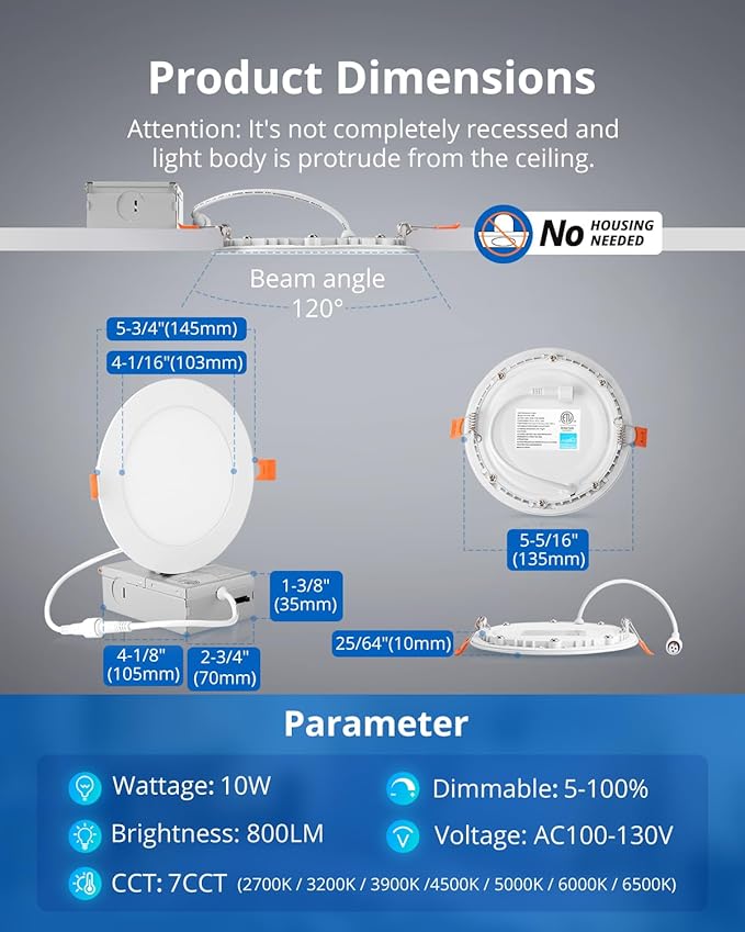 8 Pack 5 Inch LED Recessed Ceiling Light 7CCT for Kitchen Retrofit, Slim Canless Wafer Downlight IC Rated for Bathroom, 10W Dimmable 800LM for Bedroom Living Room ETL FCC