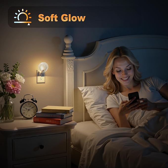 JandCase Night Light, Night Lights Plug into Wall, 2 Pack Dusk to Dawn Sensor Seashell Nightlights, 3000K Soft White Brightness Adjustable Nightlight for Kids Bedroom Hallway Kitchen