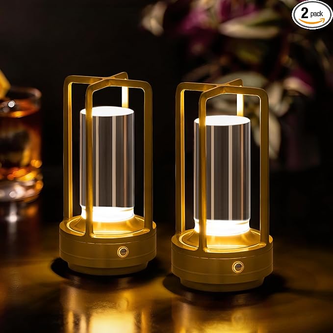 Rechargeable Table Lamp Cordless, 3 Color | Crystal | Stepless Dimming, for Bedroom, Cafe, Camping, Bar, Dining Table, Restaurant, Gold (2 Pack)