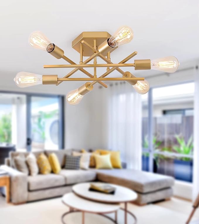 AIHYING Semi Flush Mount Modern Ceiling Light Fixture, Gold 6-Light Modern Mid-Century Chandelier Light Fixture for Hallway Bedroom Dining Room Entryway Foyer UL Listed