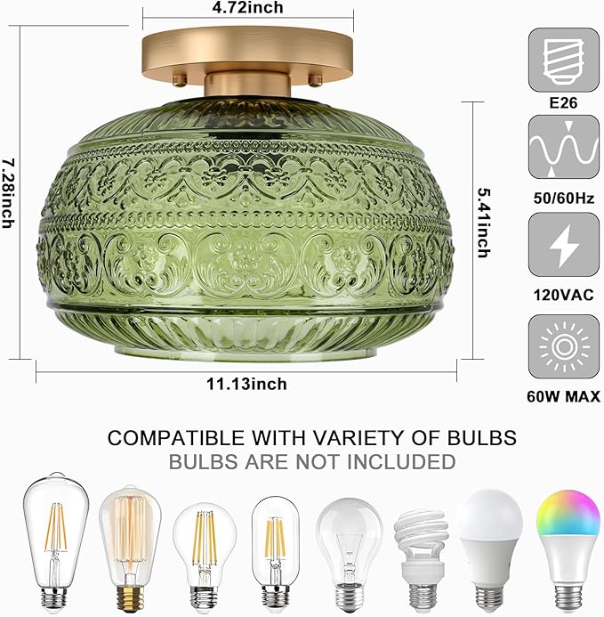Semi Flush Mount Ceiling Light Fixture, 11" Vintage Gold Hallway Lights Fixture Ceiling with Green Glass for Kitchen, Hallway, Bathroom and Entry Way,Compatible with E26 Light Bulb