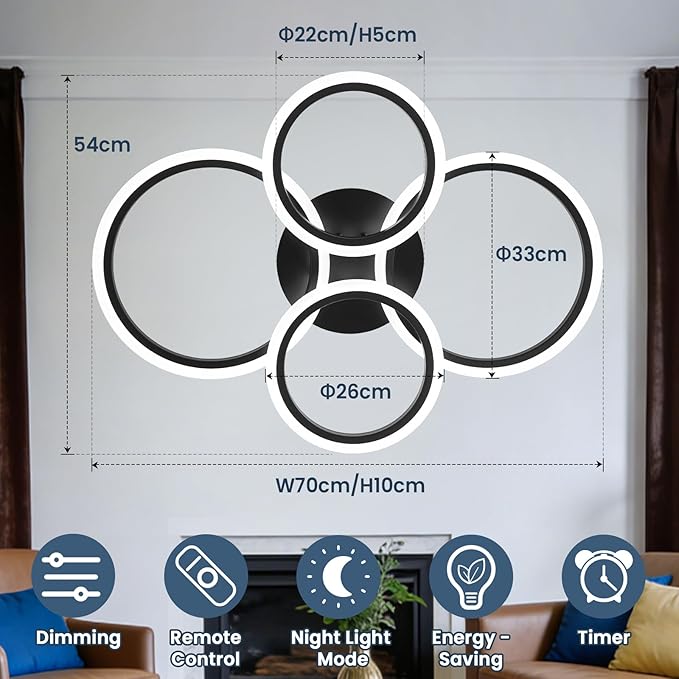 Black Modern Ceiling Light, 4 Rings Dimmable Flush Mount Ceiling Light with Remote, Acrylic Close to Ceiling Lighting Fixture for Dining Room Living Room Bedroom Kitchen (Black, 4 Heads)