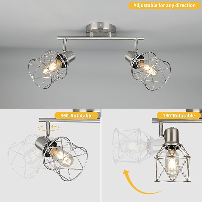 WILON Industrial Track Lighting Kit, 2 Light Modern Track Lighting Fixtures Brushed Nickel Flush Mount Ceiling Light Rotatable Light Head E26 Base Ceiling Spotlight for Kitchen Dining Room Hallway