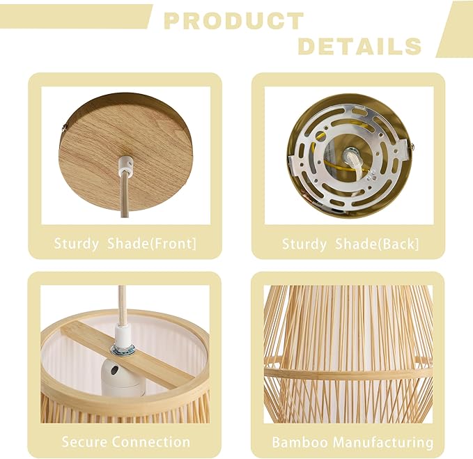 Boho Rattan Pendant Light, 12" Handwoven Bamboo Wicker Basket Shade Pendant Light Fixture, Natural Rustic Farmhouse Chandelier for Kitchen Island, Dining Room, Bedroom