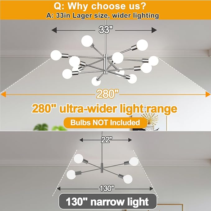 MQMQA 33" Modern Chandelier Ceiling Light Fixture, 12-Light Sputnik Chandeliers Chrome Mid Century Chandelier Over Table, Height Adjustable Chandeliers for Dining Room Living Room Kitchen