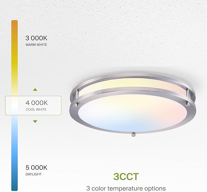 ASD LED 14" Round Flush Mount Lighting, Close to Ceiling Light Fixture | 3CCT, Dimmable, Energy Star, ETL Listed | 21W 1675LM 3000-5000K 120V | Low Profile Double Ring Lamp | Nickel