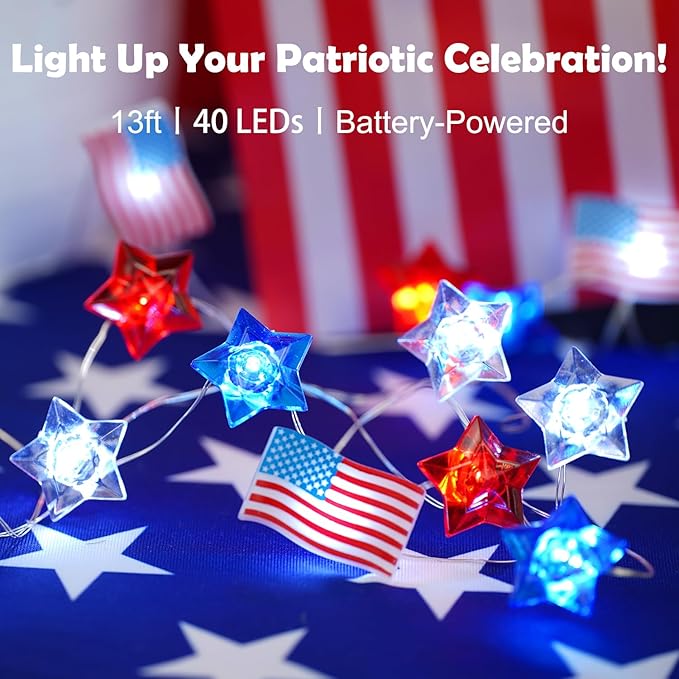 BOHON 4th of July Decorations Battery Operated String Lights 13 ft 40 LEDs | Red White and Blue Star American Flag Lights for Home Patriotic Memorial Independence Day Fourth of July Decor with Timer