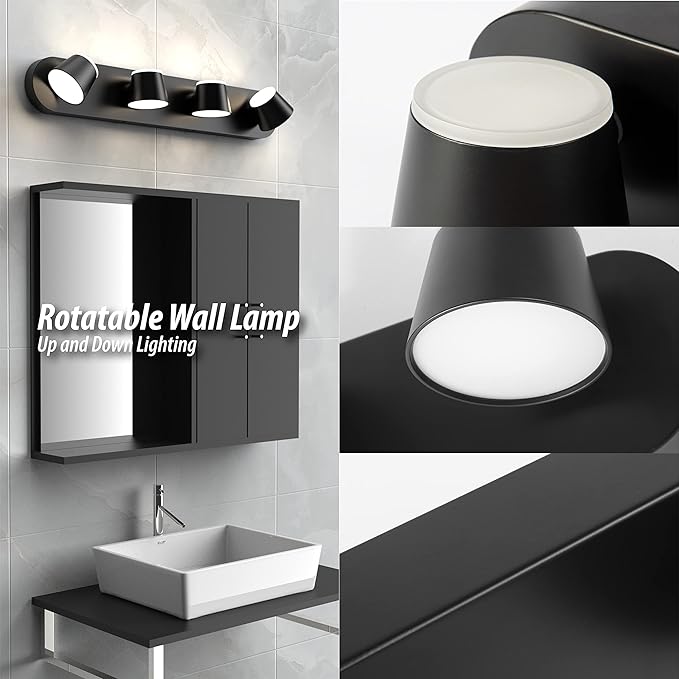 URSOLA 4 Light Bathroom Vanity Light, LED Black Wall Light Fixtures, Up and Down Rotatable Dimmable, 27 inch Bathroom Lighting Fixtures Over Mirror
