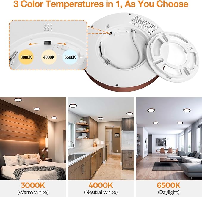 1PACK LED Flush Mount Ceiling Light Fixture, 3000K-4000K-6500K & 100W Equivalent Modern Kitchen Recessed Ceiling Lamp 12W 1200Lm 6.5 Inch Closet Round Surface for Bathroom Laundry-Oil-Rubbed Bronze