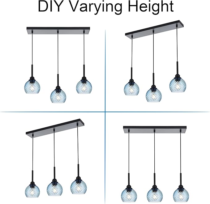 3 Light Island Lights for Kitchen with Striped Swirl Globe Glass, Black Linear Hanging Pendant Light Fixture Farmhouse Chandelier for Dining Room Bar Living Room