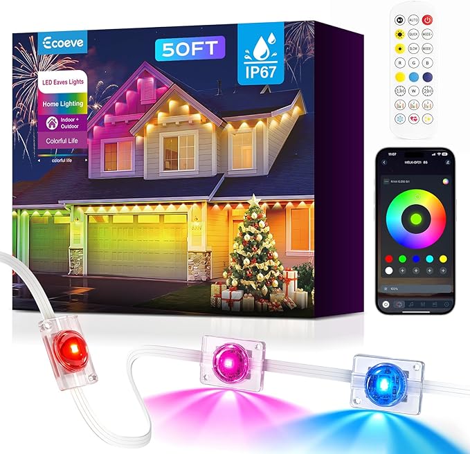 Permanent Outdoor Lights for House,50ft RGB+IC Lights with 16 Million Colors & 50 Scene Modes, App/Remote Control, IP67 Waterproof, DIY Music Sync, for Christmas, Holiday & Party Decor