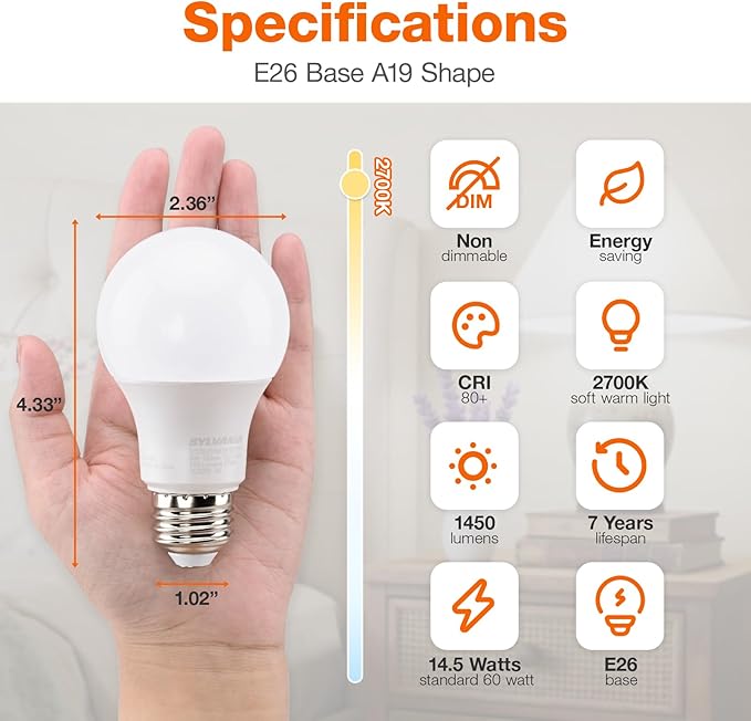 Sylvania ECO LED A19 Light Bulb, 100W Equivalent, Efficient 14.5W, 7 Year, 1450 Lumens, Non-Dimmable, Frosted, 2700K, Soft White - 6 Pack (40885)