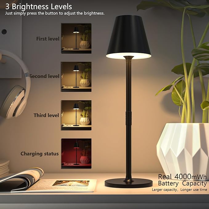 Timjorman 4-Pack Cordless Table Lamps - 5000mAh Rechargeable Battery Operated Desk Lamp, 3-Level Dimmable LED Night Light for Bedroom, Dining, Restaurant - Metal Design(Black 4pack)