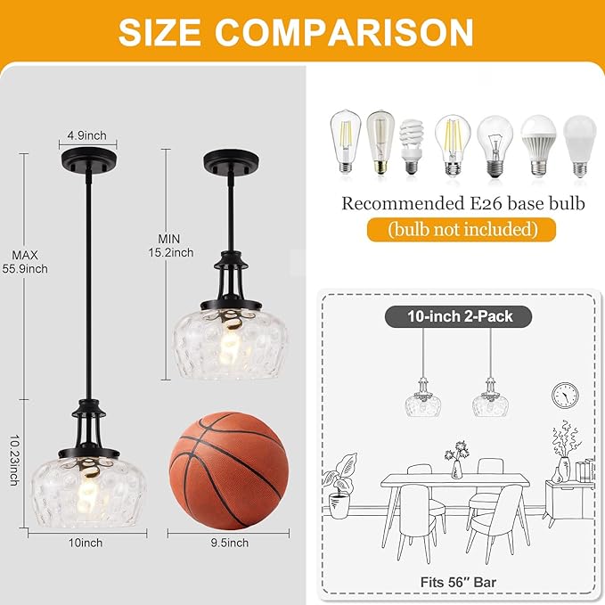 Modern Pendant Lights Kitchen Island, Matte Black Pendant Light Fixtures with 10" Clear Hammered Glass Shade, Industrial Hanging Pendant Lights Fixture for Kitchen Island Dining Room Bedroom Entryway