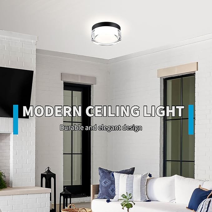 6 inch Flush Mount Ceiling Light Fixture, 3CCT LED Ceiling Lights, Black Modern Dimmable Lighting for Closet Hallway, Crystal Prismatic Featured, 3000K/4000K/5000K