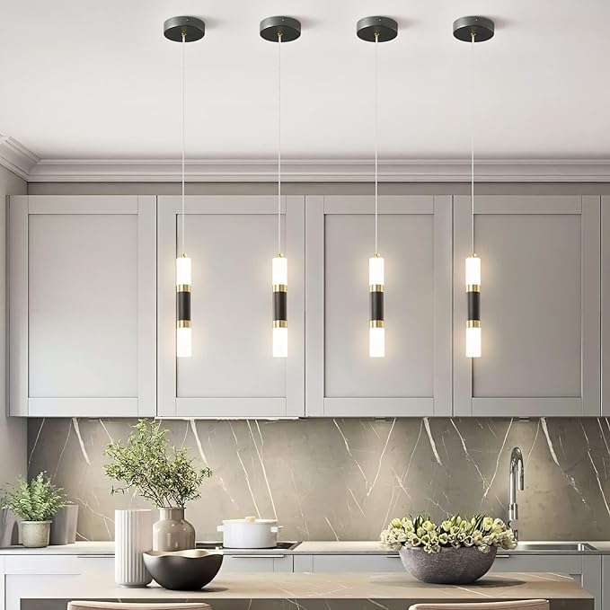 Modern Kitchen Island Light Fixture Dimmable LED Black Mini Pendant Light Bedroom Bedside Table Black Gold Small Pendant Lighting (2-Pack)