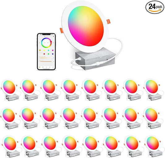 Recessed Lighting 6 Inch RGBCW Color Changing Smart Recessed Ceiling Lights 16W 1350LM LED Downlights Dimmable by Alexa & APP, 2700K-6500K,16 Million Colors - DIY Scenes - Timer - 23 Modes (24 Pack)