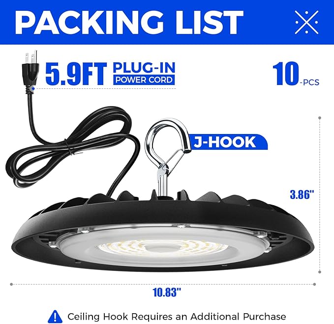 Barrina UFO LED High Bay Light, 150W 21000LM, High Bay LED Shop Lights for Warehouse, 5000K, IP65 Waterproof with 5.9FT Cable US Plug, Commercial Lights for Workshop Factory Barn, 10 Packs, UL Listed
