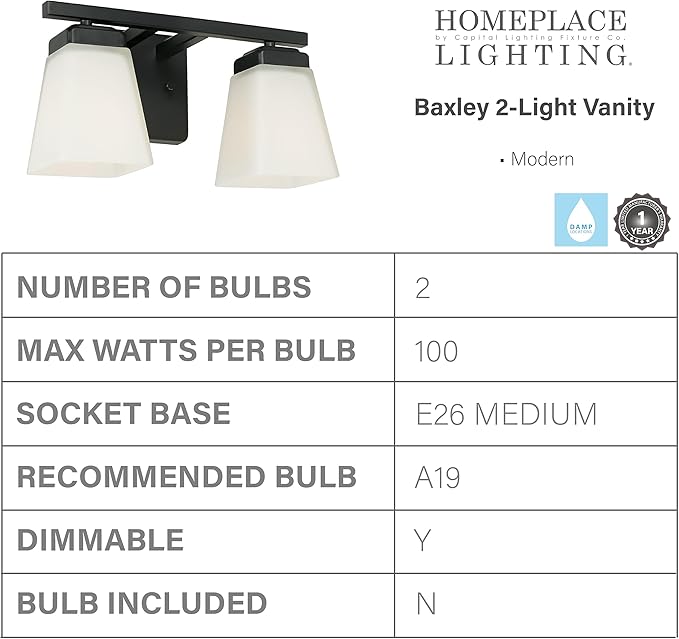 HomePlace Lighting 114421MB-334 Baxley Modern Soft White Glass Bathroom Vanity Wall Light, 2-Light 200 Total Watts, 7" H x 13" W, Matte Black