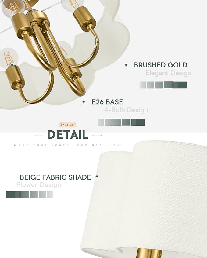 Gold Semi Flush Mount Ceiling Light, 18" 4-Light Light Fixtures Ceiling Mount with Beige Petal Fabric Shade for Kitchen Nursery Entryway Hallway Bedroom, E26 Base, SM179-BG-B-6