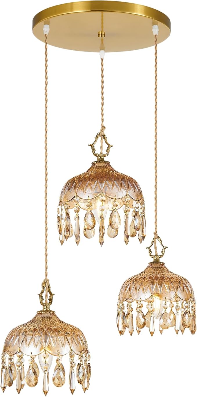 3-Light Glass Pendant Light Crystal Hanging Light Fixtures,Brass Vintage Amber Glass Pendant Lights for Kitchen Island Dining Room Living Room Bedroom Hallway(Amber,Round Chassis)