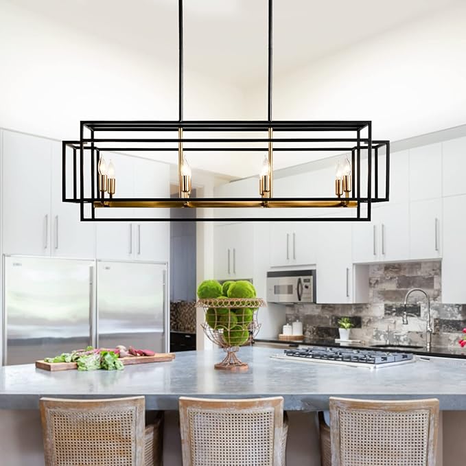 8-Light Kitchen Island Lighting, Black and Gold Rectangle Chandeliers for Dining Room, Metal Farmhouse Dining Room Light Fixtures Over Table, Linear Chandelier with Brushed Brass Socket